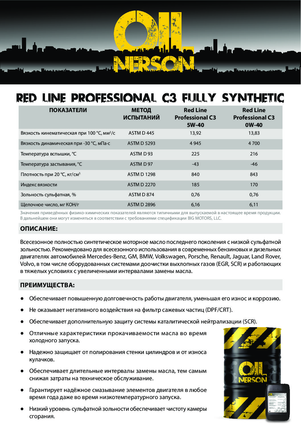 Техническое описание (TDS) Nerson Red Line Professional Fully Synthetic C3 5W-40, 0W-40