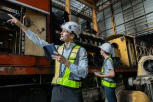 Engineer train Inspect the train's diesel engine, railway track in depot of train