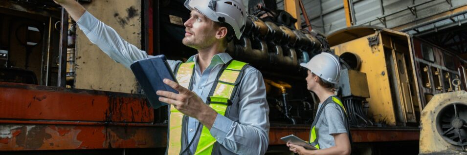 Engineer train Inspect the train’s diesel engine, railway track in depot of train Engineer train Inspect the train's diesel engine, railway track in depot of train