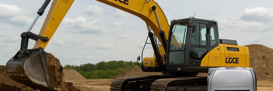 Экскаватор LGCE и продукция ЛУКОЙЛ на строительной площадке