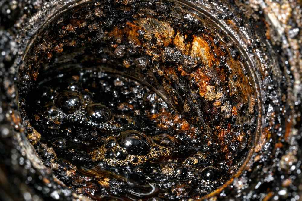Крупный план окисленного масла с шламом, лаковой плёнкой и коррозией внутри двигателя Крупный план окисленного масла с шламом, лаковой плёнкой и коррозией внутри двигателя